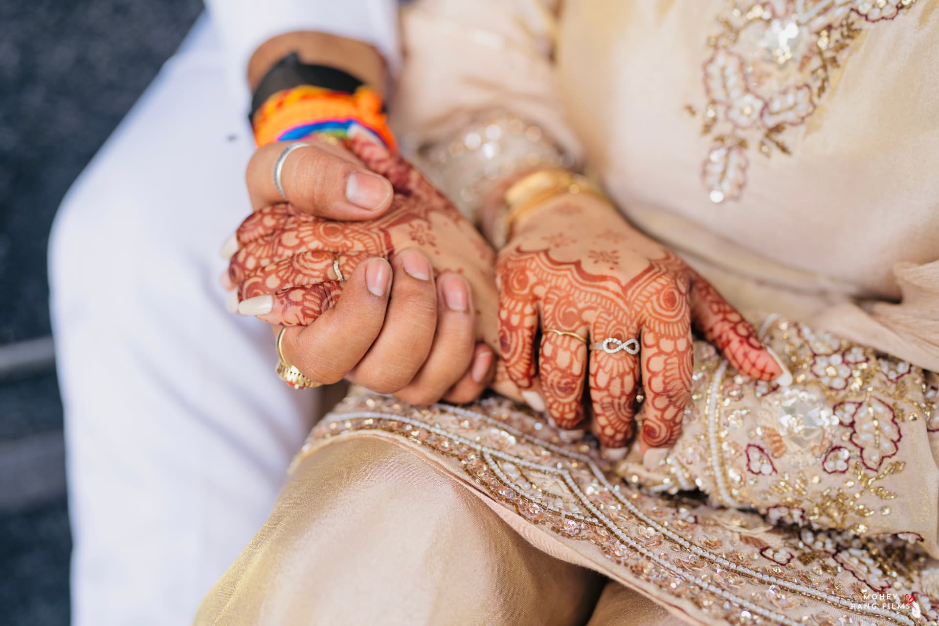 Bride and groom holding hands with mehendi and rings